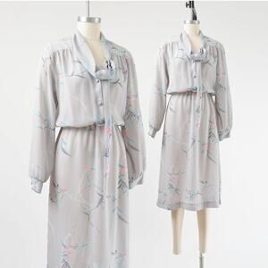Vintage 70s Gray Floral Cherry Blossom Sheer Blouson Scarf Neck Midi Dress S M